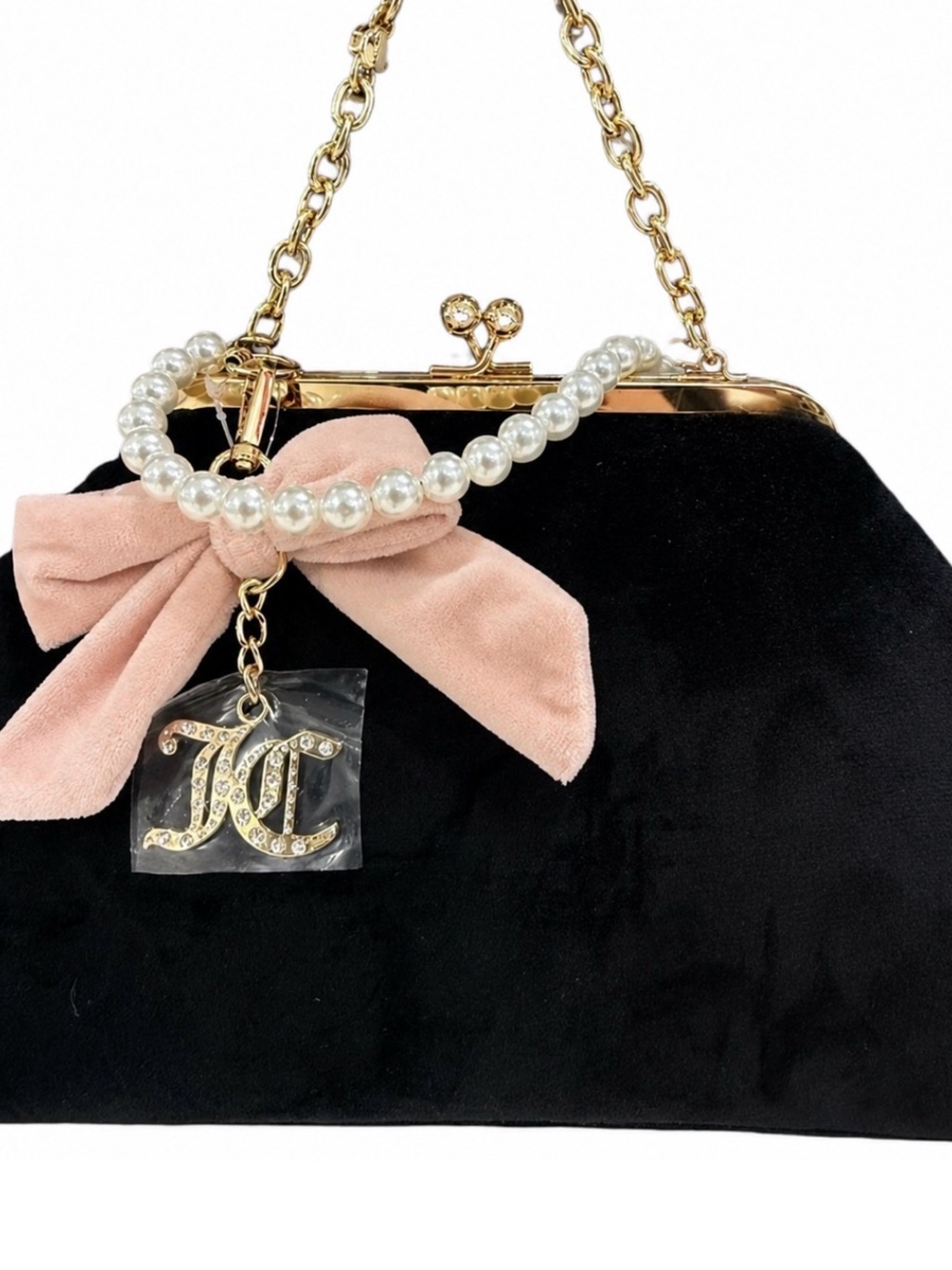 Juicy Couture Black Velvet purse with Pink Bow and Pearl Chain